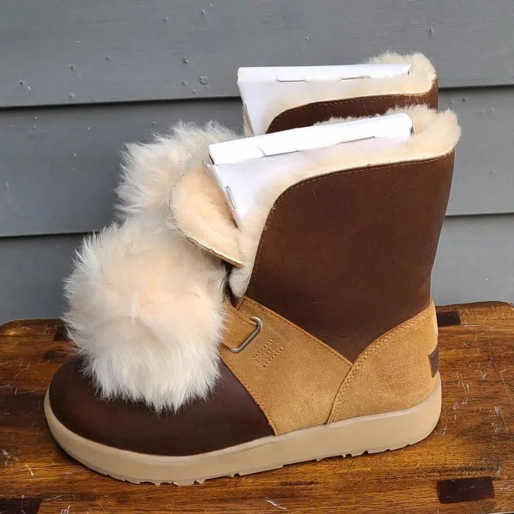 UGG Isley Brown Leather Chestnut Suede Waterproof Boots with Pom Pom size 9 1/2 - Picture 14 of 14